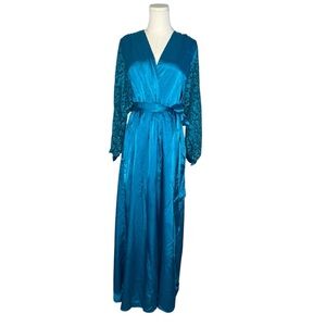 Vtg Ralph Montenero Peacock Blue Sheer Lace Long Sleeve Full Length Dress Robe